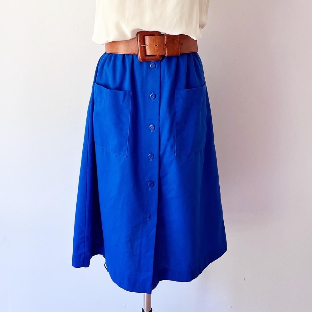 Trader‎ Bay Midi Skirt Blue Button Front Elastic Waist Pockets Vintage USA 12